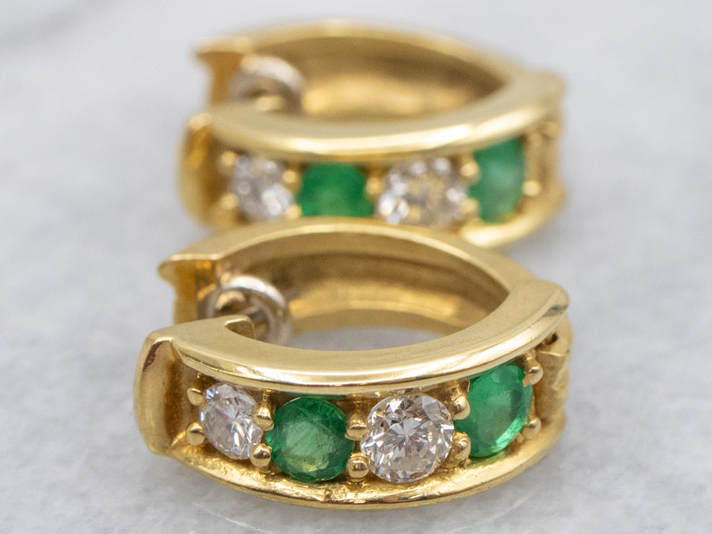 Vintage 18-Karat Gold Emerald and Diamond Huggie Hoop Earrings