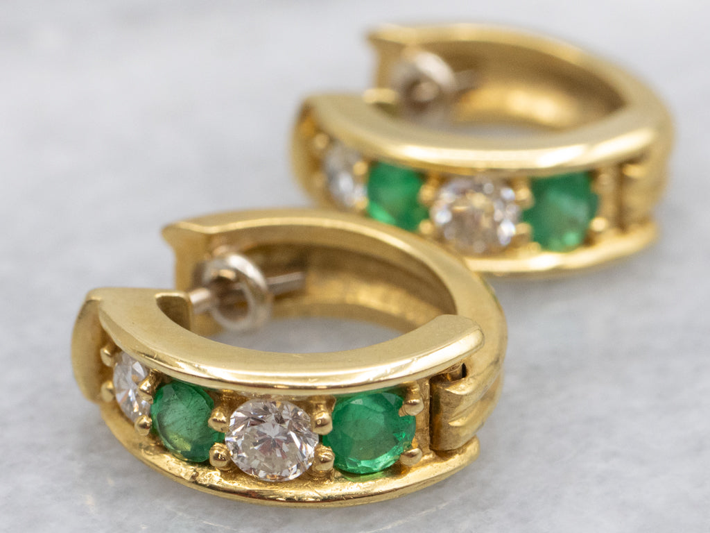 Vintage 18-Karat Gold Emerald and Diamond Huggie Hoop Earrings