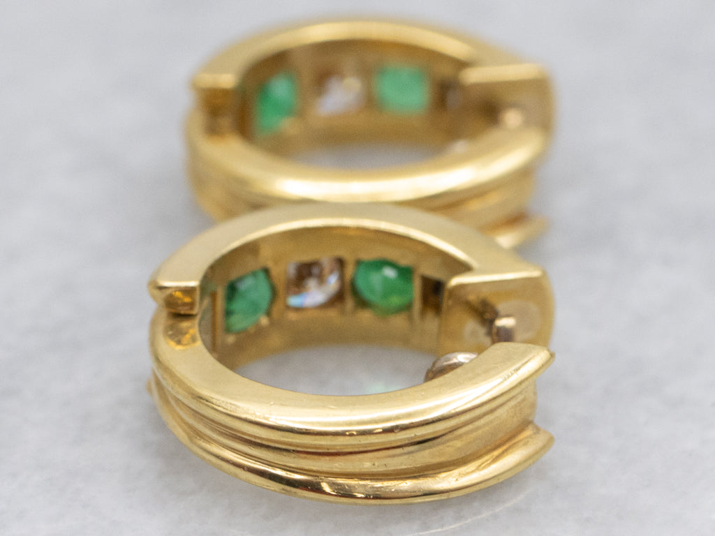 Vintage 18-Karat Gold Emerald and Diamond Huggie Hoop Earrings