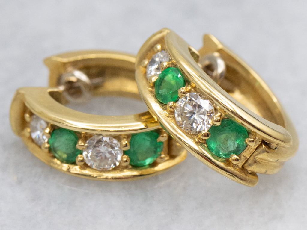 Vintage 18-Karat Gold Emerald and Diamond Huggie Hoop Earrings