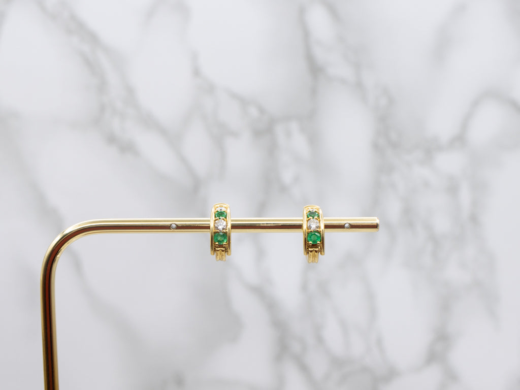 Vintage 18-Karat Gold Emerald and Diamond Huggie Hoop Earrings