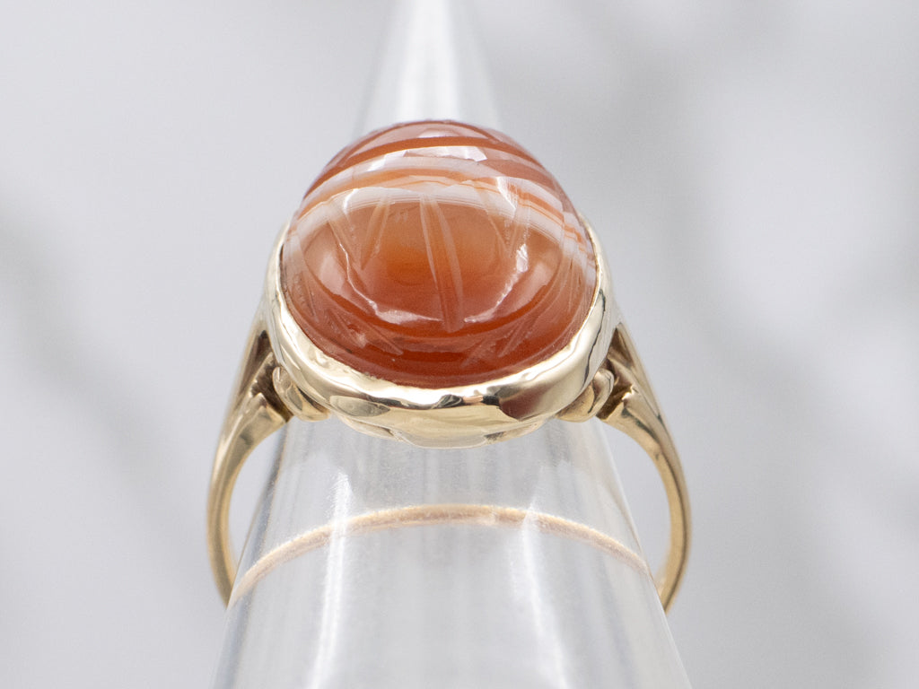 Vintage Carved Banded Agate Scarab Beetle Ring
