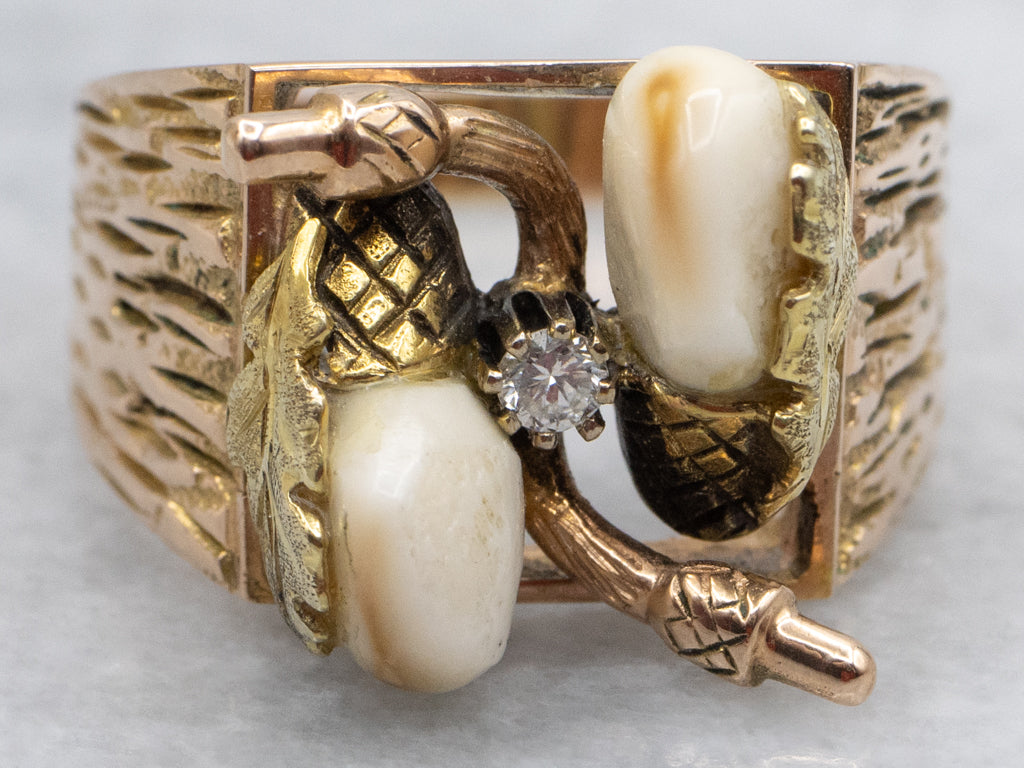 Antique Gold Botanical Elk's Teeth and Diamond Ring