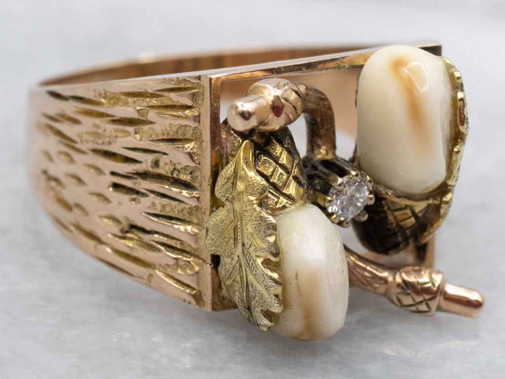 Antique Gold Botanical Elk's Teeth and Diamond Ring