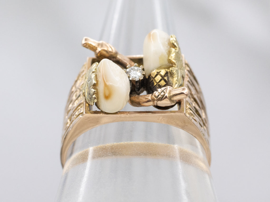 Antique Gold Botanical Elk's Teeth and Diamond Ring