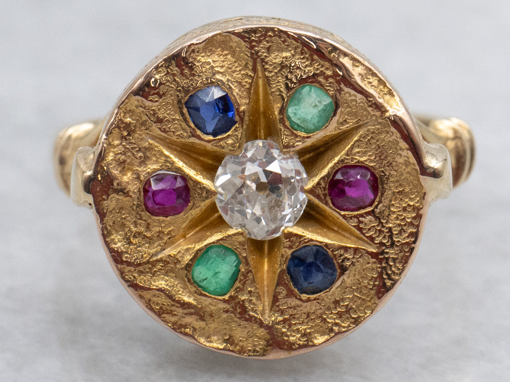 Antique Old Mine Cut Diamond and Gemstone Starburst Carved Disc Ring
