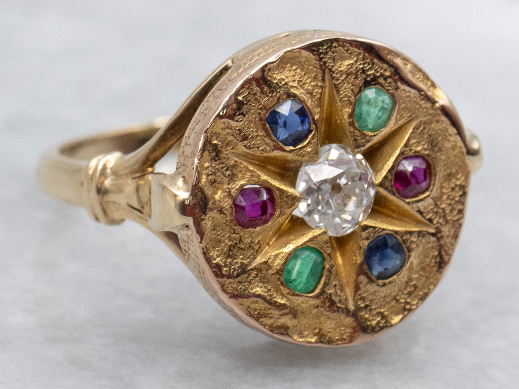 Antique Old Mine Cut Diamond and Gemstone Starburst Carved Disc Ring