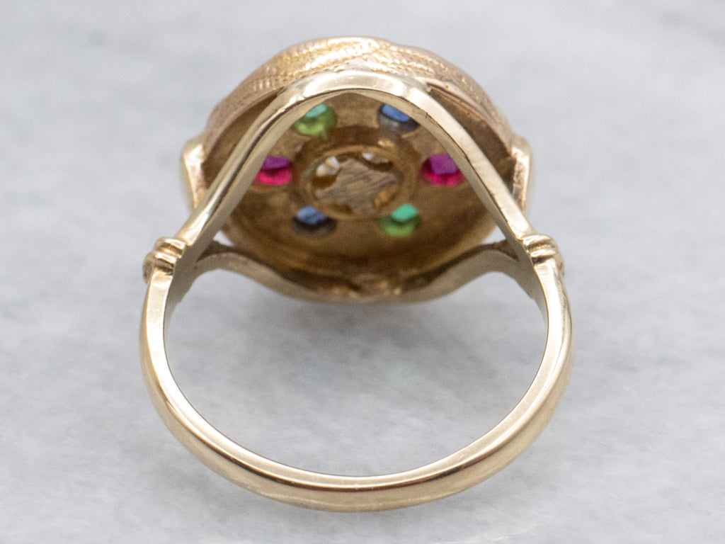 Antique Old Mine Cut Diamond and Gemstone Starburst Carved Disc Ring