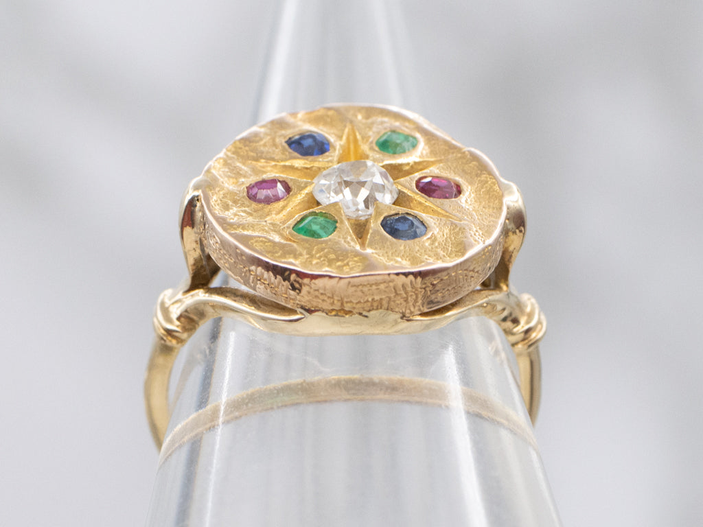 Antique Old Mine Cut Diamond and Gemstone Starburst Carved Disc Ring