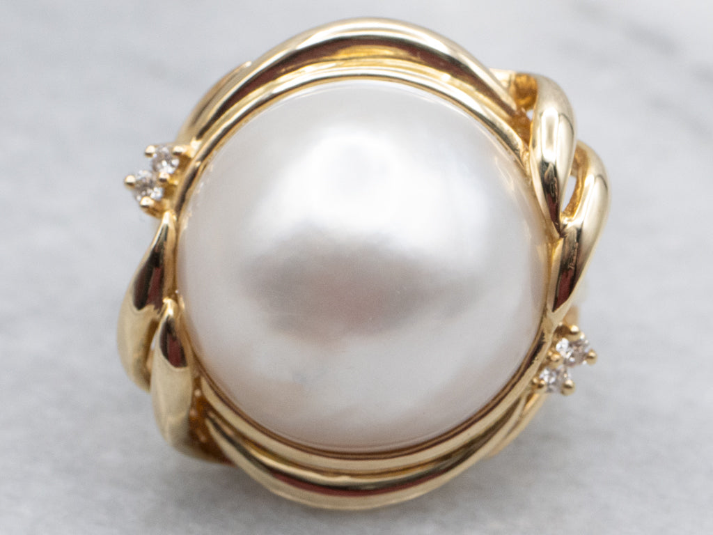 Vintage Mabe Pearl and Diamond Gold Cocktail Ring