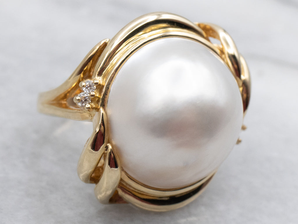Vintage Mabe Pearl and Diamond Gold Cocktail Ring