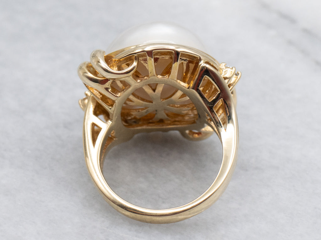 Vintage Mabe Pearl and Diamond Gold Cocktail Ring