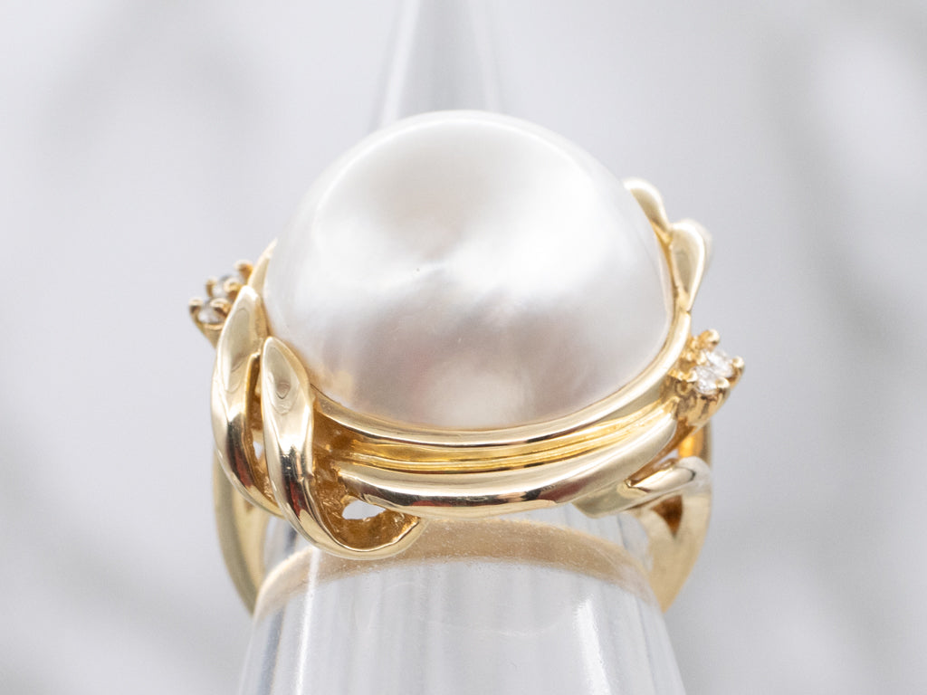 Vintage Mabe Pearl and Diamond Gold Cocktail Ring