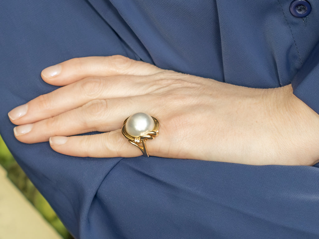 Vintage Mabe Pearl and Diamond Gold Cocktail Ring