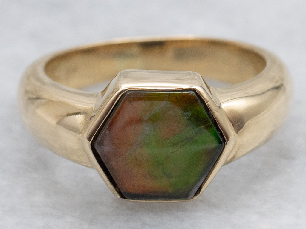 Bezel-Set Hexagonal Ammolite Solitaire Ring