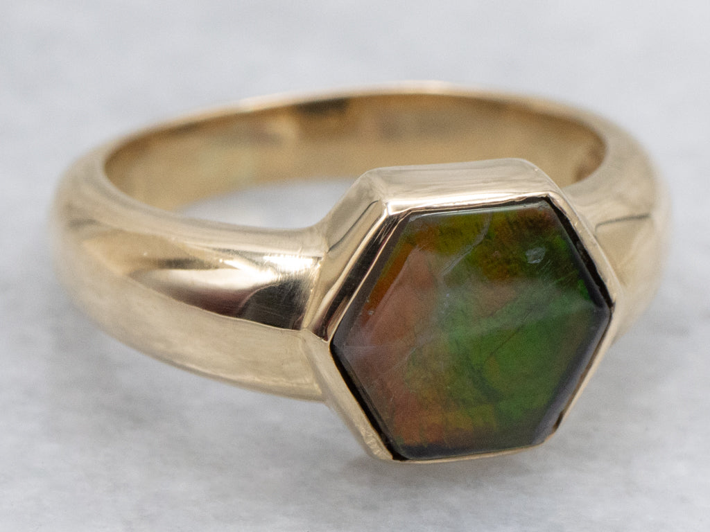 Bezel-Set Hexagonal Ammolite Solitaire Ring