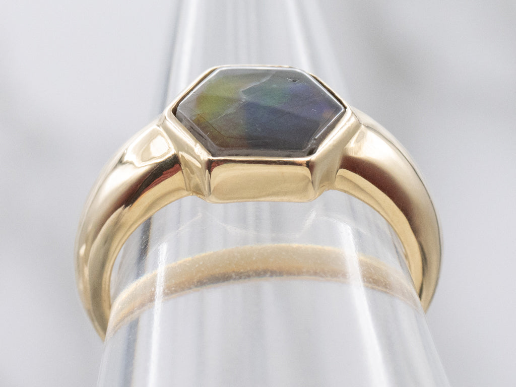 Bezel-Set Hexagonal Ammolite Solitaire Ring