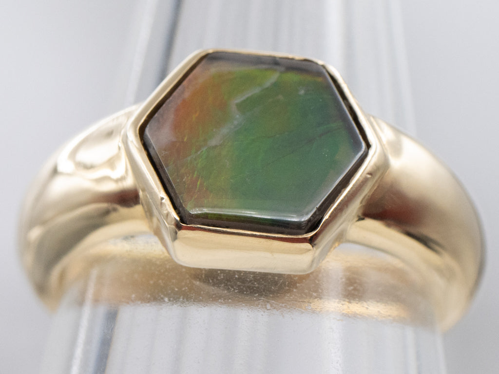 Bezel-Set Hexagonal Ammolite Solitaire Ring
