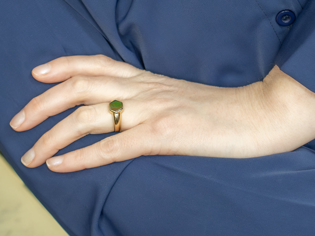 Bezel-Set Hexagonal Ammolite Solitaire Ring