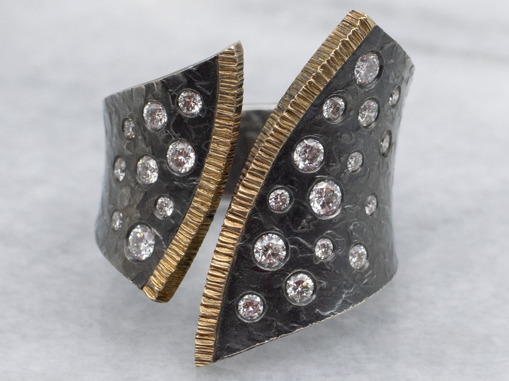 Sterling Silver-Black Rhodium 18K Gold Designer Armenta Diamond Ring