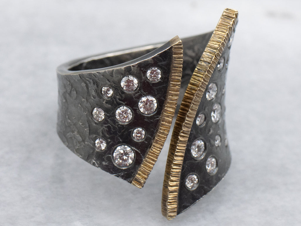 Sterling Silver-Black Rhodium 18K Gold Designer Armenta Diamond Ring