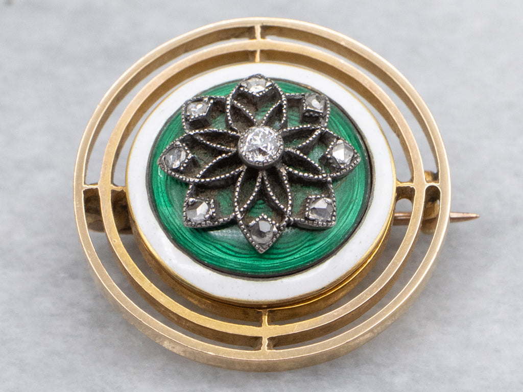 Rich Kelly Green Guilloche Antique Diamond Enamel Brooch