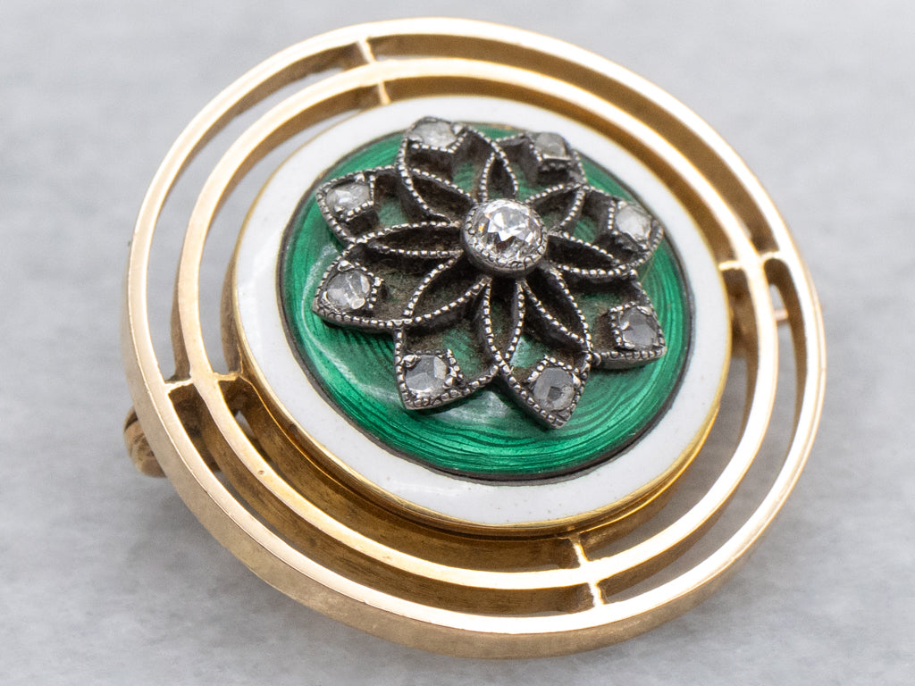 Rich Kelly Green Guilloche Antique Diamond Enamel Brooch
