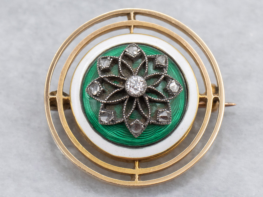 Rich Kelly Green Guilloche Antique Diamond Enamel Brooch