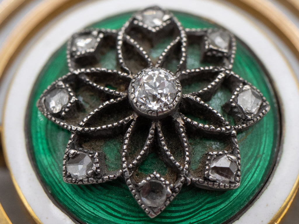 Rich Kelly Green Guilloche Antique Diamond Enamel Brooch