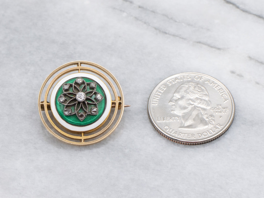 Rich Kelly Green Guilloche Antique Diamond Enamel Brooch
