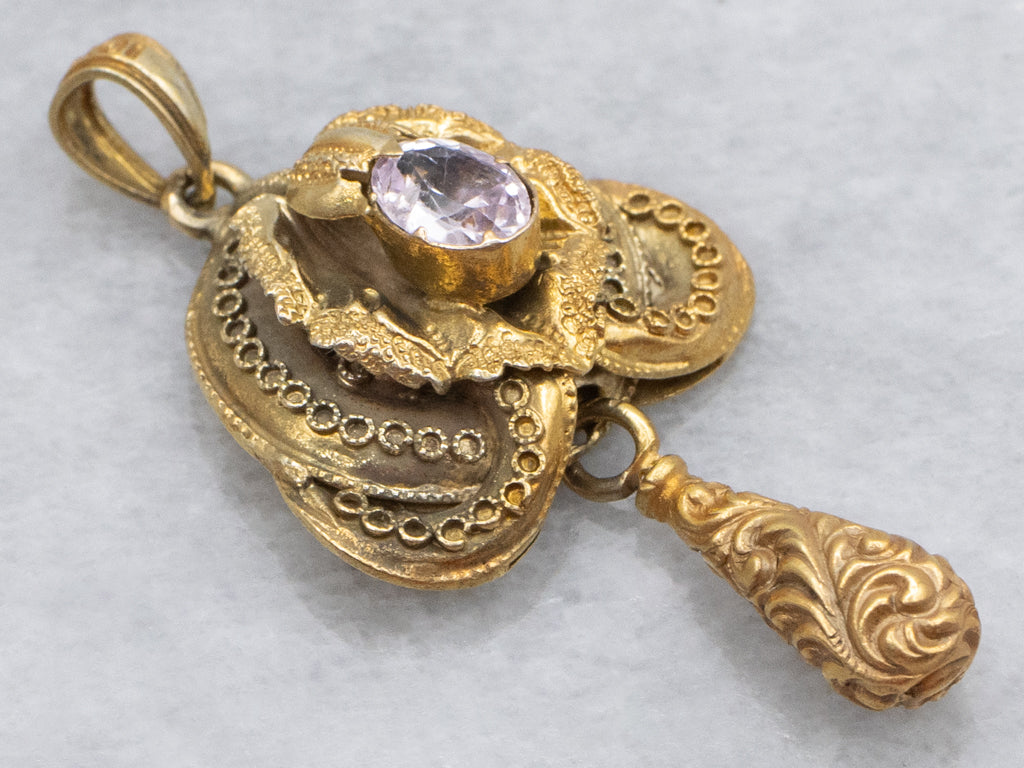 Antique Etruscan Revival Bloomed Pink Tourmaline Pendant with Swinging Drop