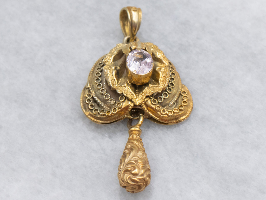 Antique Etruscan Revival Bloomed Pink Tourmaline Pendant with Swinging Drop