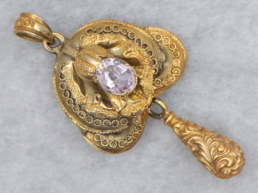 Antique Etruscan Revival Bloomed Pink Tourmaline Pendant with Swinging Drop