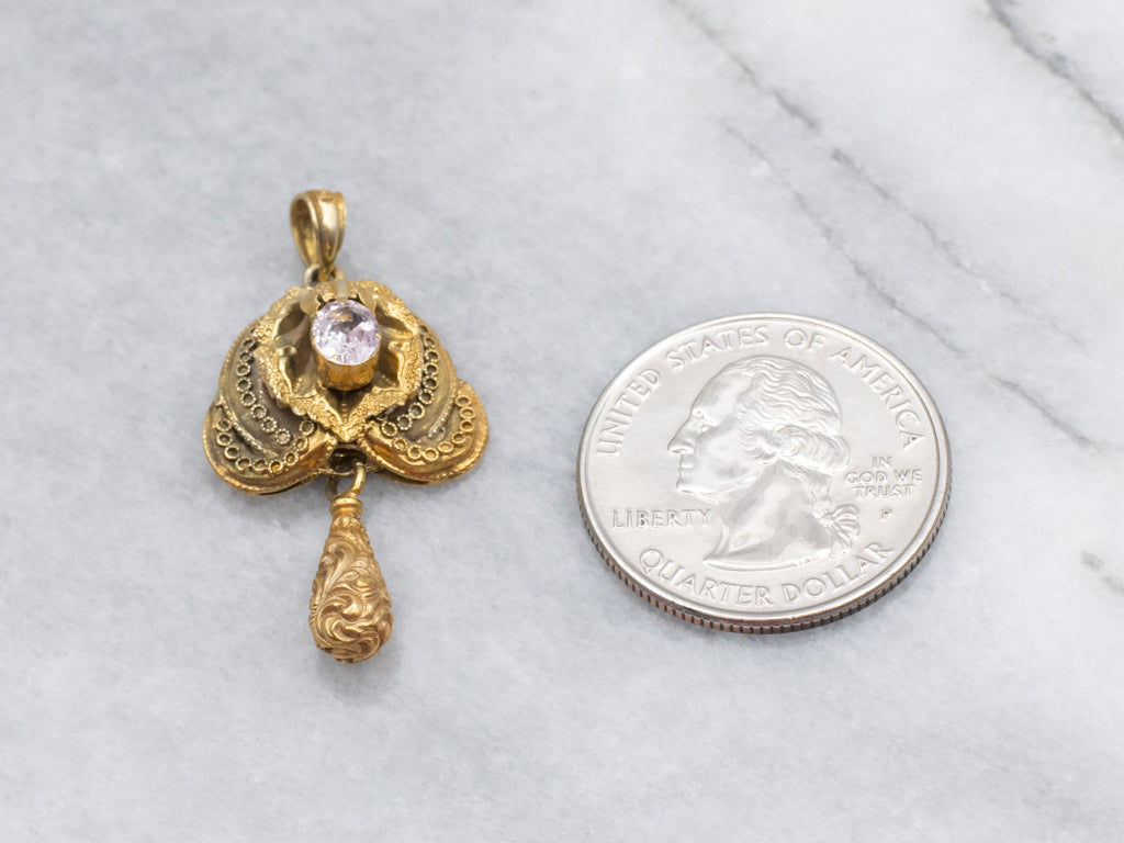 Antique Etruscan Revival Bloomed Pink Tourmaline Pendant with Swinging Drop