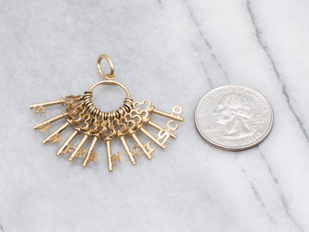 Vintage Gold "SAN FRANCISCO" Skeleton Key Cluster Charm