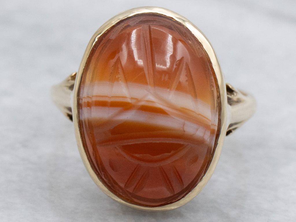 Vintage Carved Banded Agate Scarab Beetle Ring