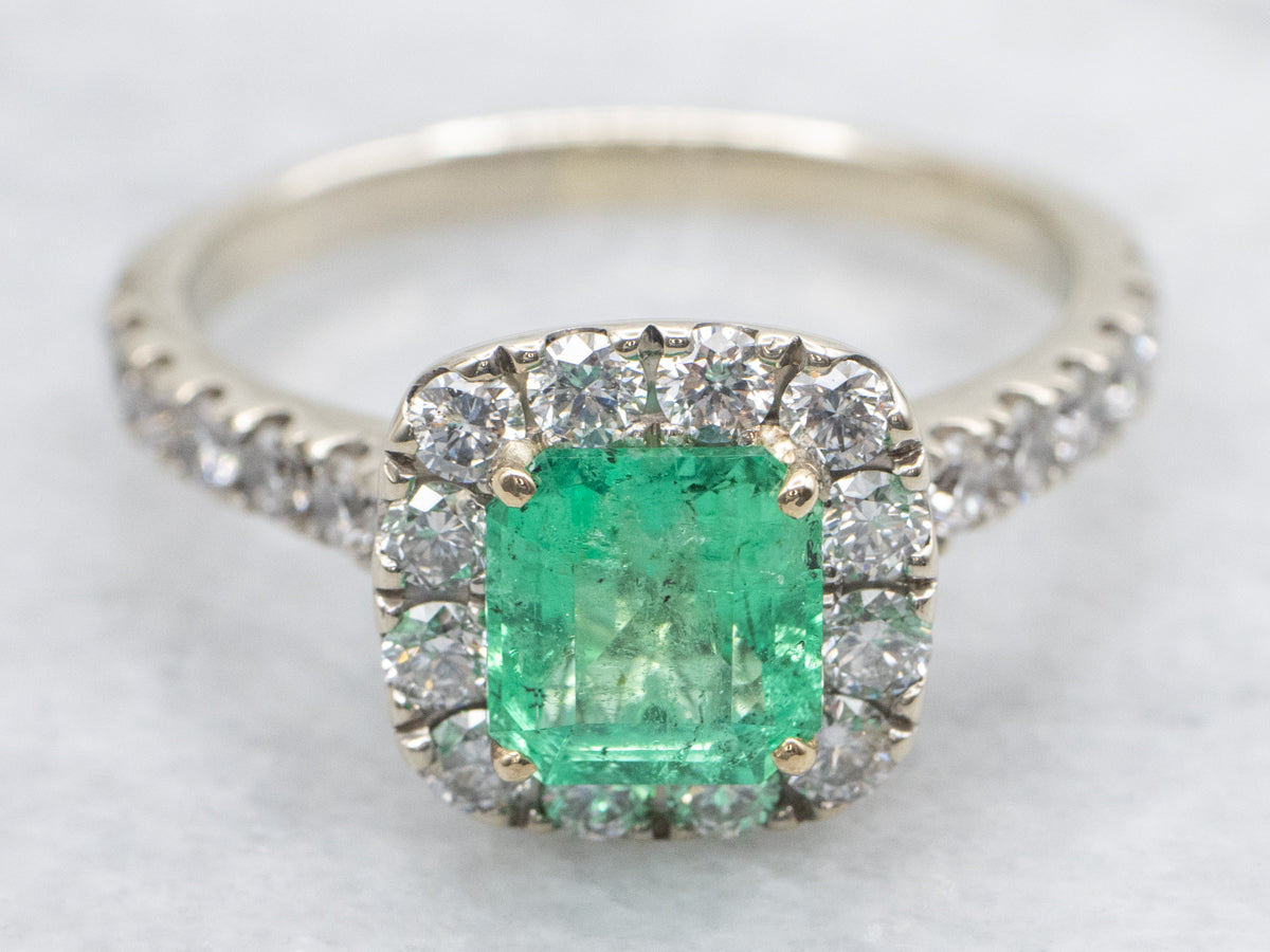 Asscher Cut Emerald and Diamond Halo Ring