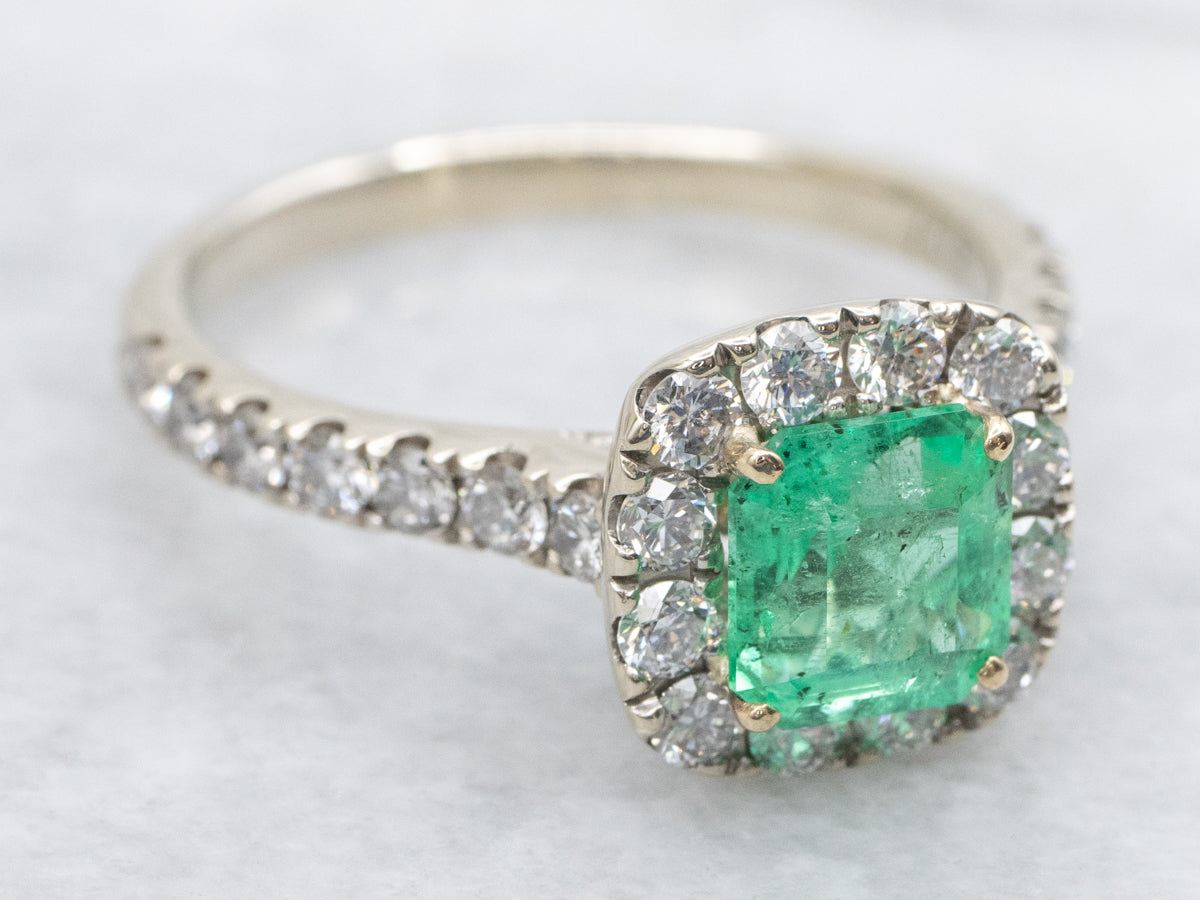 Asscher Cut Emerald and Diamond Halo Ring