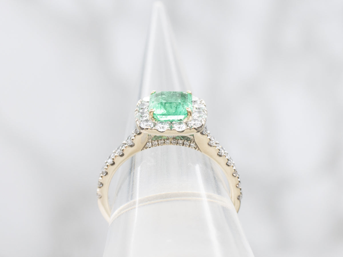 Asscher Cut Emerald and Diamond Halo Ring