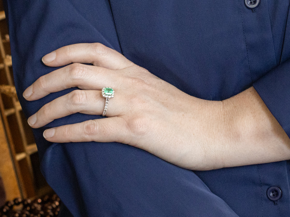Asscher Cut Emerald and Diamond Halo Ring