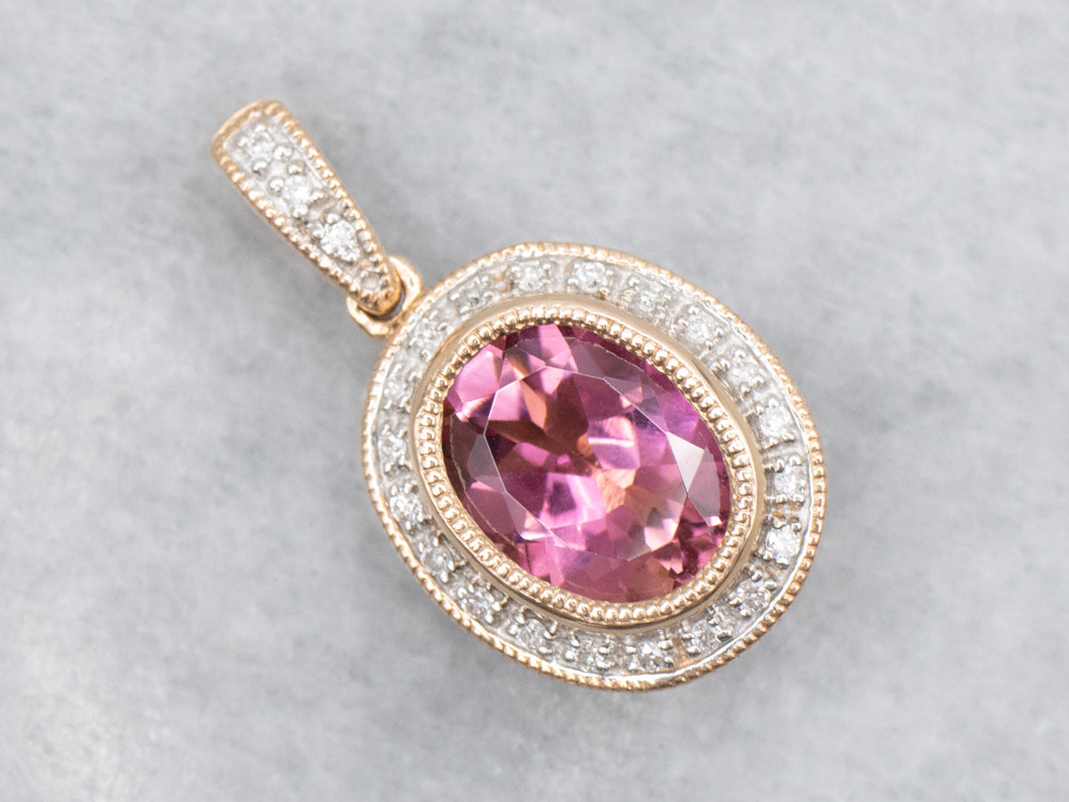Modern Rose Gold Pink Tourmaline Diamond Double Sided Halo Pendant