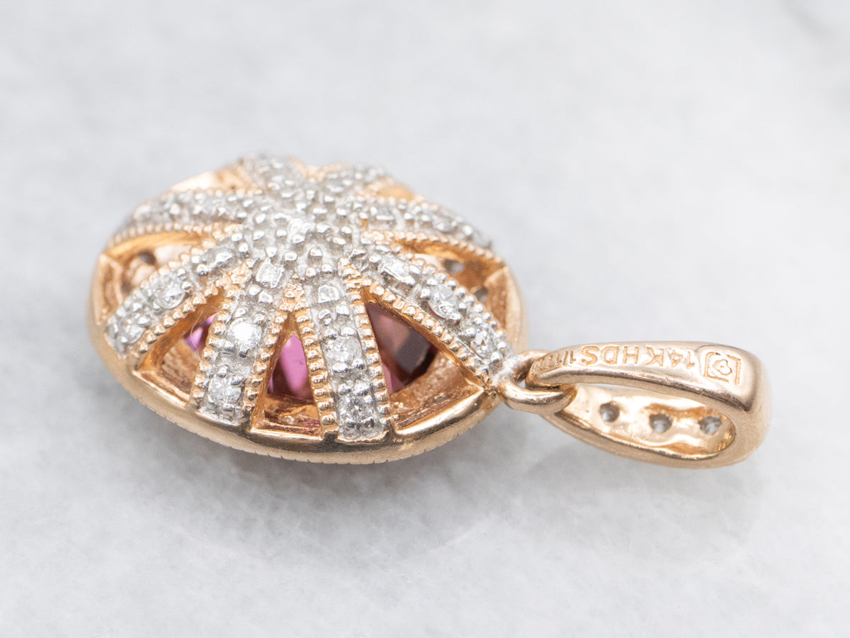 Modern Rose Gold Pink Tourmaline Diamond Double Sided Halo Pendant