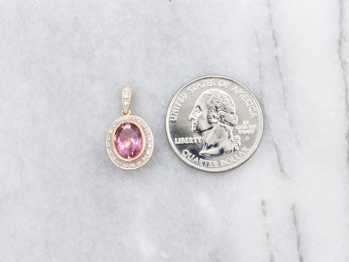 Modern Rose Gold Pink Tourmaline Diamond Double Sided Halo Pendant