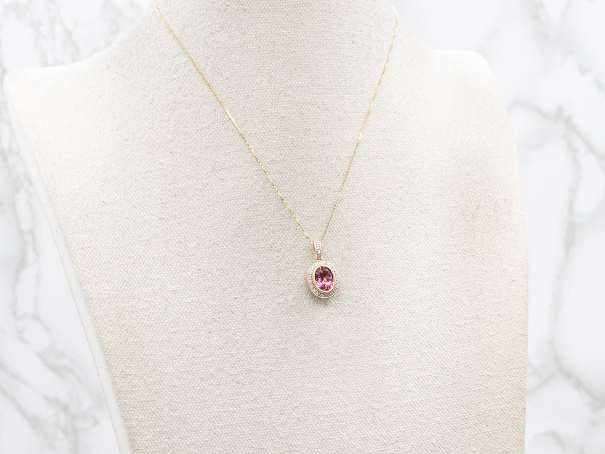 Modern Rose Gold Pink Tourmaline Diamond Double Sided Halo Pendant