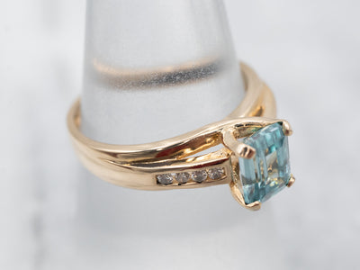 Blue Zircon and Champagne Diamond Ring