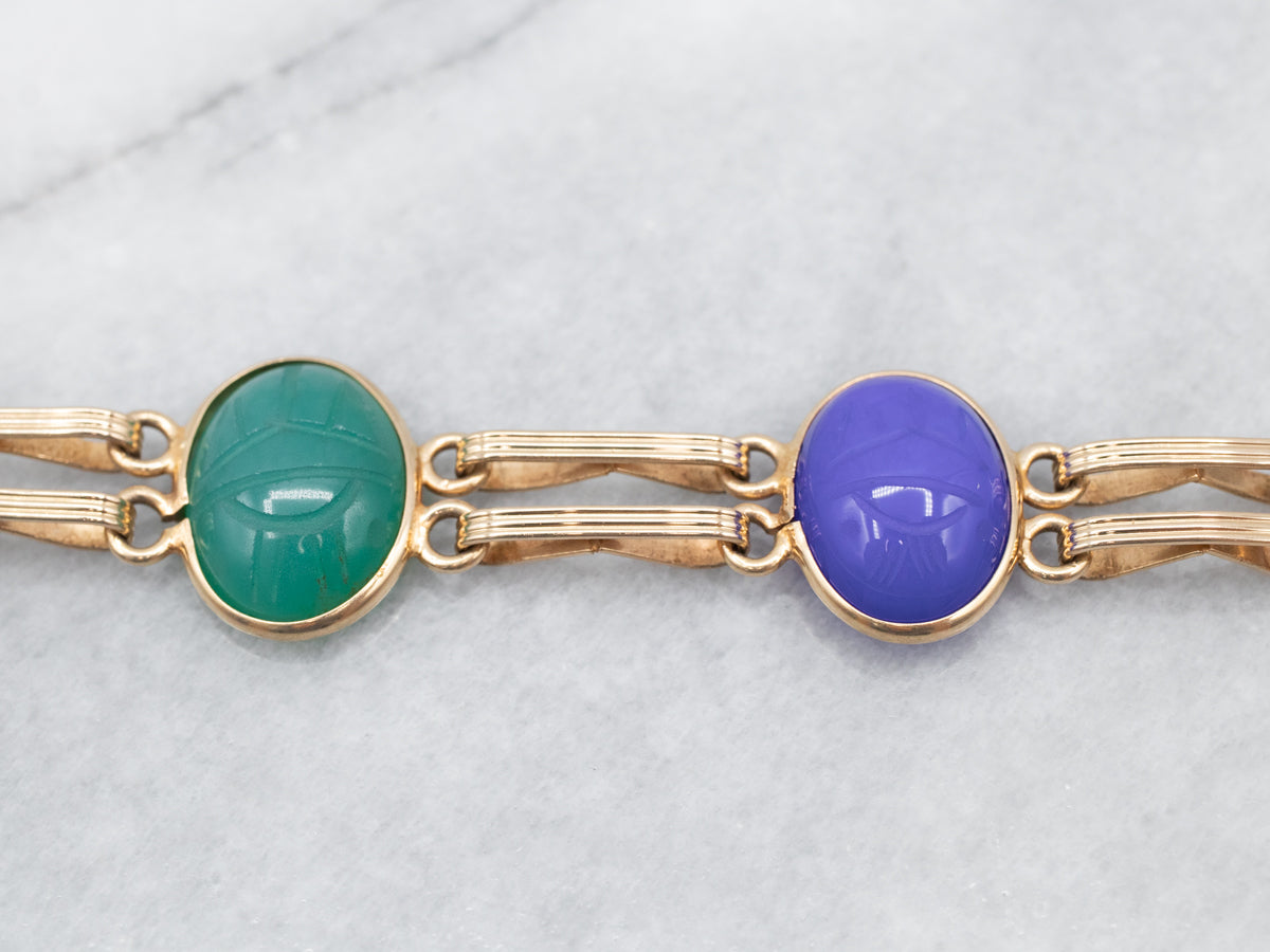 Midcentury Yellow Gold Multi-Stone Scarab Bracelet
