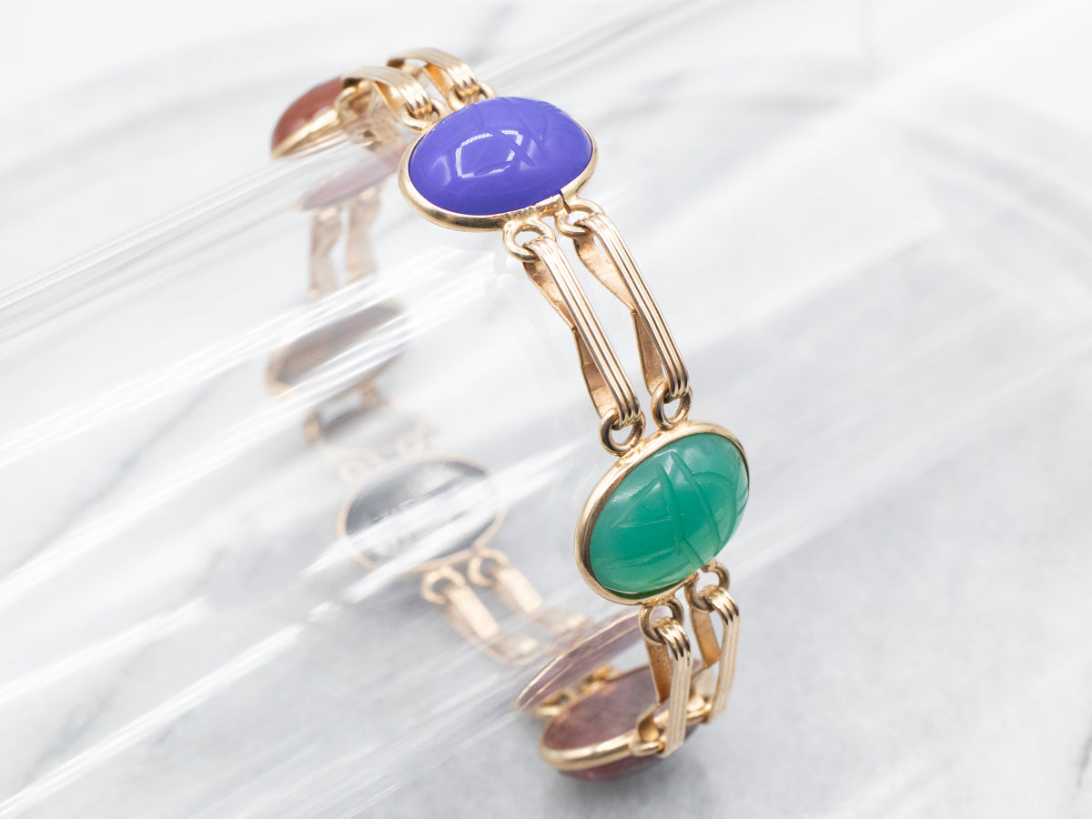 Midcentury Yellow Gold Multi-Stone Scarab Bracelet