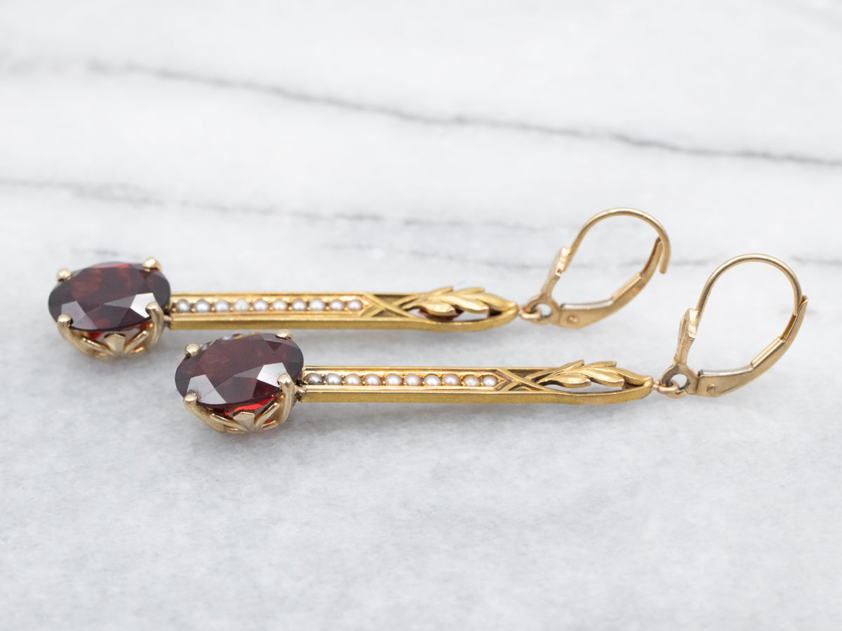 Gleaming Yellow Gold Garnet and Seed Pearl Drop Earrings