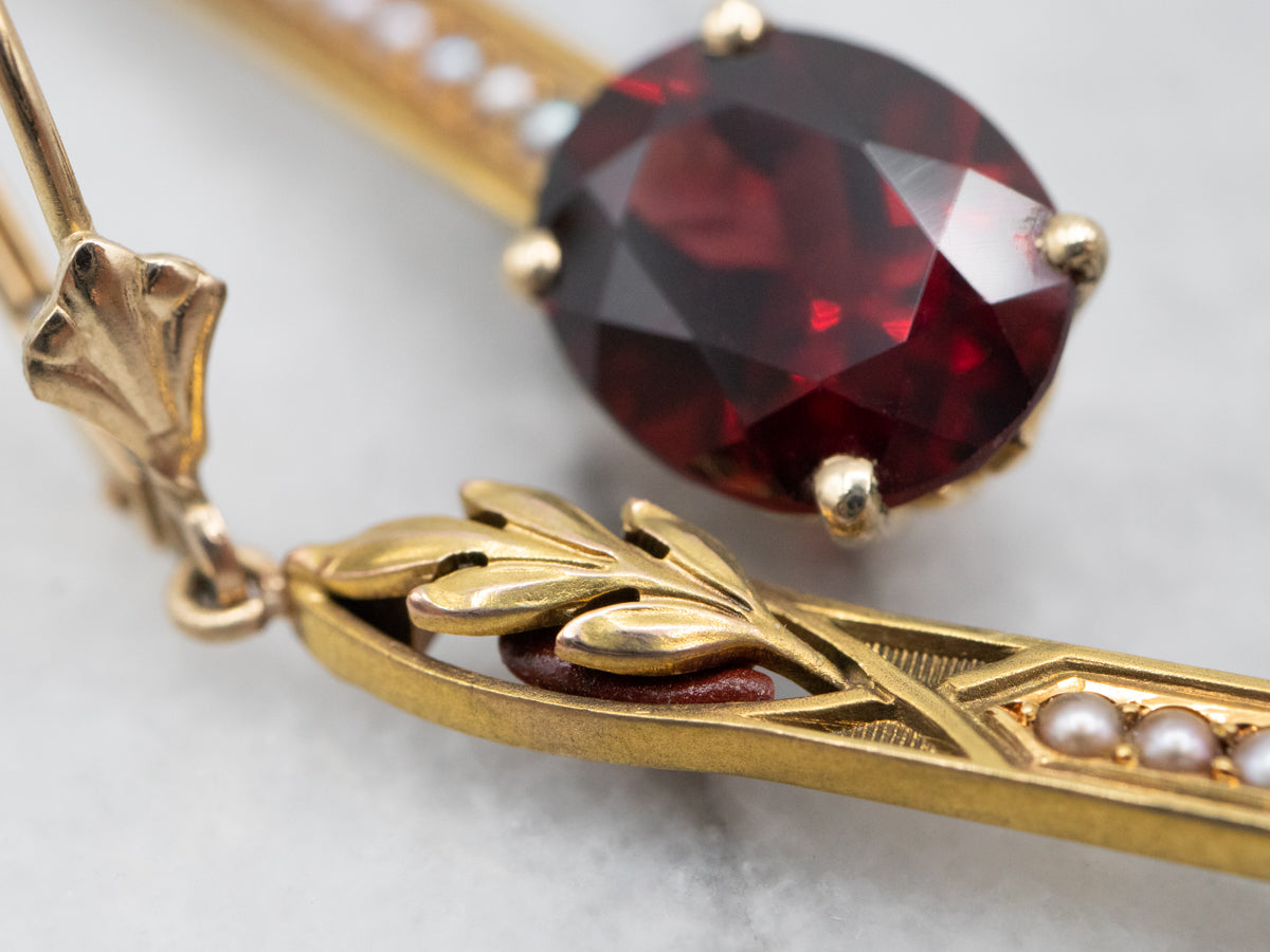 Gleaming Yellow Gold Garnet and Seed Pearl Drop Earrings