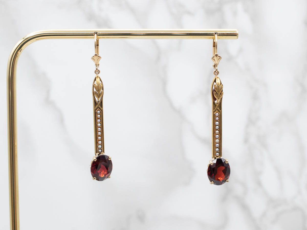 Gleaming Yellow Gold Garnet and Seed Pearl Drop Earrings